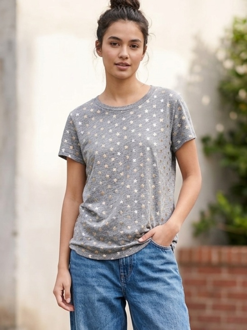 J. Crew Women’s Gray Star-Print Cotton Casual Festival Summertime Tee Size S